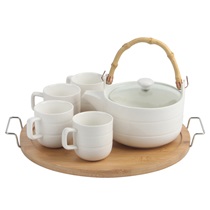 益胜强水具 新款客厅日式下午茶具陶瓷咖啡杯具套装创意花茶冷水壶茶壶含托盘 横纹茶具套装(送杯刷) 