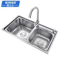 (HSHUO) 水槽双槽304不锈钢厨房洗菜盆洗碗槽加厚水池双盆套餐 720*410mm豪华套餐配T6073龙头