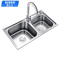 (HSHUO) 水槽双槽304不锈钢厨房洗菜盆洗碗槽加厚水池双盆套餐 760*420mm豪华套餐配T6003龙头