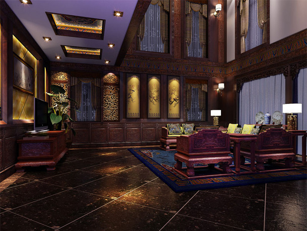 中式风格别墅客厅吊顶装修效果图,中式风格电视柜图片